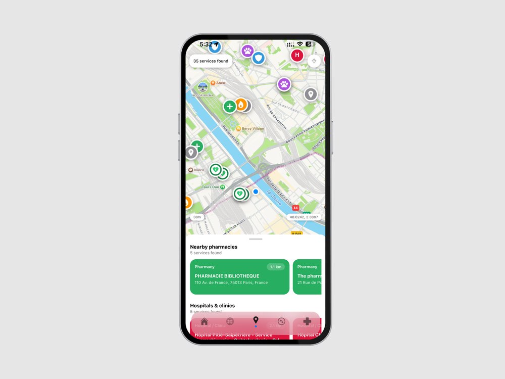 Map of nearby hospitals and pharmacies